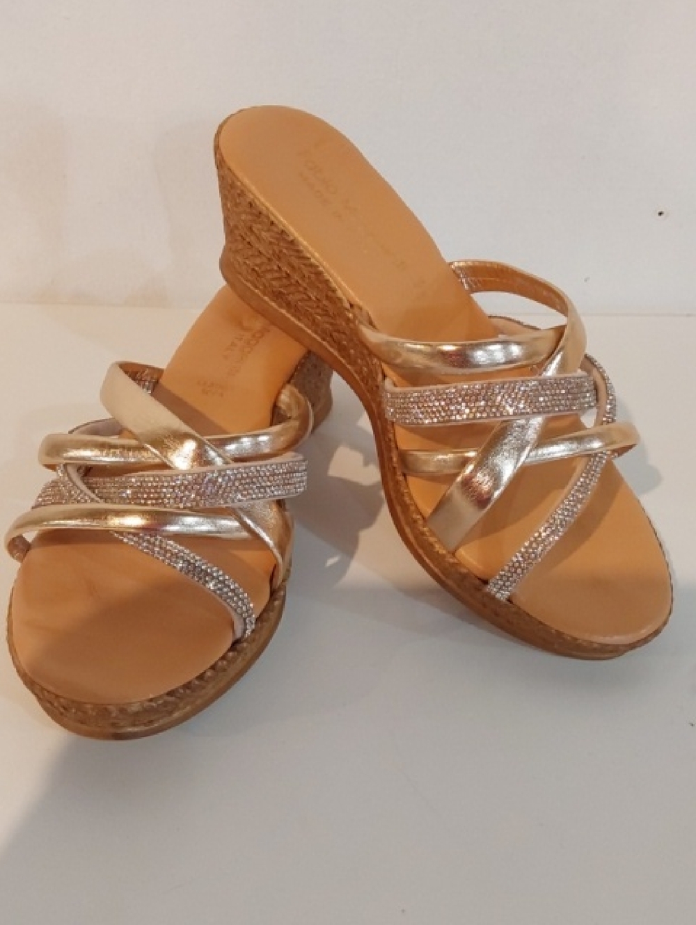 Fabio Maggenti|Wedge Slide Sandals in Metallic Gold/Silver Bling Slip On Sz.7.5
